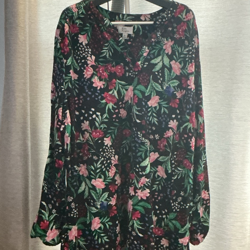 Kim Rogers Floral V-Neck Blouse - Pink and Green